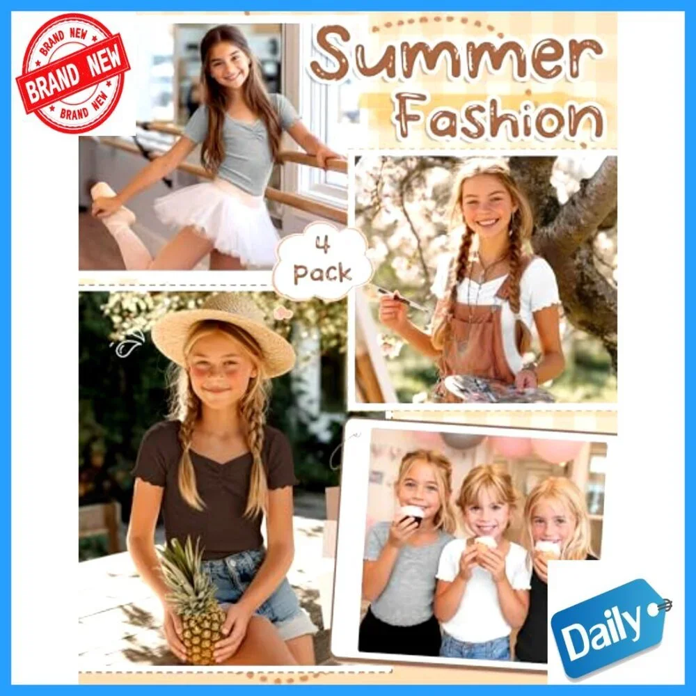 Girls Slim Fit V-Neck Tee 4 Pack Ribbed Lettuce Trim Sweetheart Neckline